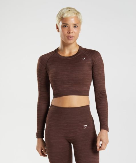 Women's Gymshark Adapt Marl Seamless Long Sleeve Cropped Tops Dark Brown | NZ 5SWVXH